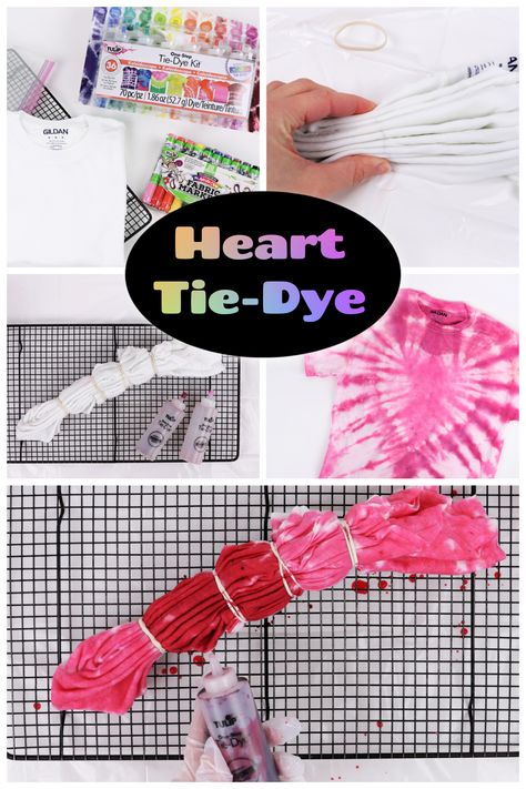 Create a heart tie-dye shirt and use fabric markers to embellish. Get all the tips for making this shirt. #tiedye #heart Tie Dye Ribbon Diy, Diy Heart Tie Dye Shirt, Heart Shape Tie Dye Shirt, Tie Diy Patterns Ideas, How To Tie A Shirt For Tie Dye, How To Heart Tie Dye, Heart Tie Dye Techniques, Heart Tie Dye Tutorial, Tie Dye Heart Patterns Diy