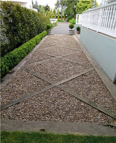 Parking Pads In Front Of House, Gravel Garden Design Layout, Wood And Gravel Walkway, Front Gravelled Garden, Front Yard Parking Pad, Drive Way Ideas Gravel, Driveway Hardscape Ideas, Formal Vegetable Garden Design, Side Of Driveway Landscaping Front Yards