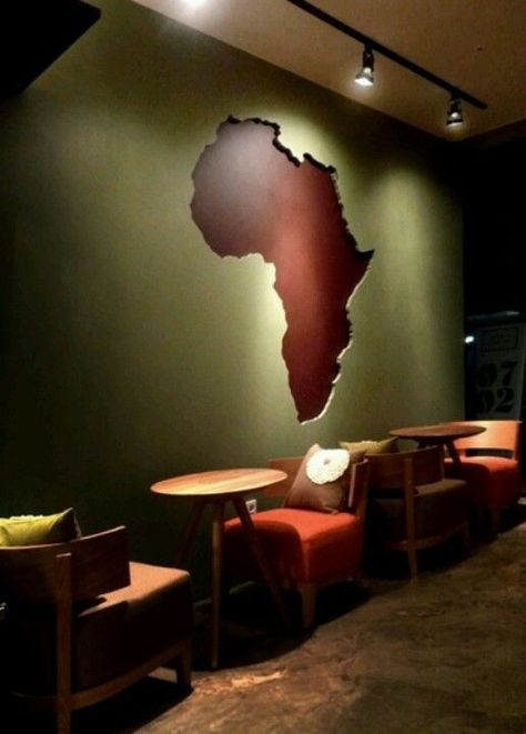 Coffee Shop Decor Ideas Small Spaces, African Inspired Office, Cafe Feature Wall, Hostel Design, Map Mural, Africa Design, Wall Cutout, World Map Mural, African Shop