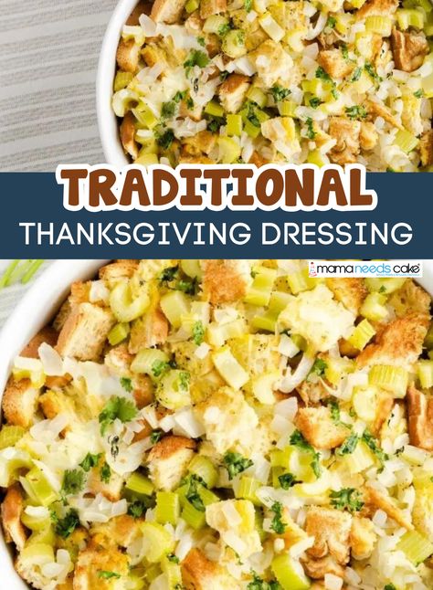 This traditional Thanksgiving Dressing is made with sauteed celery and onions, bread, and fresh spices and herbs. Sauteed Celery, Dressing Stuffing, Dressing Recipes Thanksgiving, Sourdough Bagels, Thanksgiving Dressing, Traditional Thanksgiving, Thanksgiving Stuffing, Chicken Base, Fresh Spices