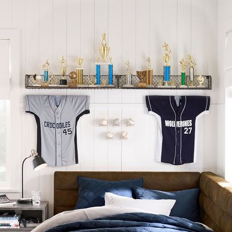 Jersey Wall Display | Pottery Barn Teen Jersey Room Decor, Hang Jersey On Wall Ideas, Displaying Jerseys On Wall, Hanging Jerseys On Wall Ideas, How To Display Jerseys On Wall, Framed Jerseys On Wall Bedroom, Jersey Display Ideas, Framed Jerseys On Wall, Hockey Jersey Display