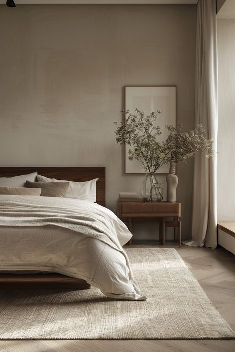 Neutral Coloured Bedroom, Simple Relaxing Bedroom Ideas, Airy Modern Bedroom, Aesthetic Wooden Bed, Simple And Minimalist Bedroom, Light Cozy Bedroom Ideas, Neutral Interior Design Bedroom, Simple Natural Bedroom Ideas, Modern Organic Neutral Bedroom