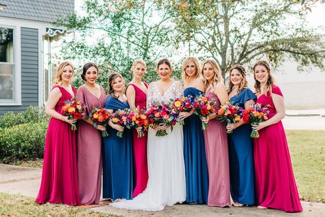 Mismatched Bridesmaid Dresses in Mauve Raspberry Royal Blue Colors with vibrant floral for an Anthropologie-chic wedding designed by Epoch Co+ | Micro Wedding Private Estate College Station Wedding Planners Epoch Co+ | Photos by Houston Wedding Photographers Bonner Rhae Fuscia Bridesmaids Dress, Raspberry And Blue Wedding, Magenta And Navy Blue Wedding, Vibrant Bridesmaid Dresses, Alia Wedding, Magenta Bridesmaid Dresses, Bright Bridesmaid Dresses, Fuschia Bridesmaid Dresses, Raspberry Bridesmaid Dresses