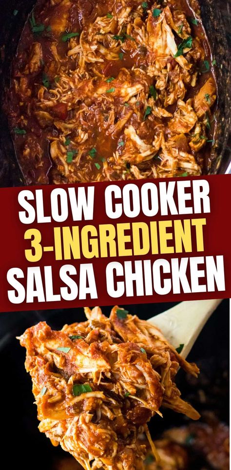 This Slow Cooker Salsa Chicken recipe has only 3 ingredients and just needs 5 minutes of prep. The slow-cooked shredded salsa chicken is perfect for everything from tacos and nachos to burrito bowls and salads. Chicken Crockpot Recipes Salsa, Chicken Salsa Taco Seasoning Crockpot, Slower Cooker Chicken Tacos, Easy Crock Pot Shredded Chicken, Crockpot Salsa Chicken Recipes, Chicken And Salsa Crockpot, Crockpot Chicken With Salsa, Chicken Salsa Crockpot, Crock Pot Chicken Salsa