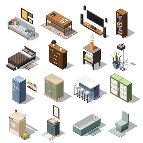 Isometric Apartment, Isometric Furniture, Isometric Interior, Furniture Illustration, Interior Elements, Isometric Drawing, Modern Style Furniture, Loft Interiors, Isometric Art