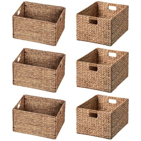 eHemco Rectangular Water Hyacinth Wicker Storage Baskets with Iron Wire Frame, 16.1inchx12.6inchx9.5", Light Brown, Set of 6. Keep clutter under control with this wicker basket bin! Founded on an iron wire frame, this basket strikes a rectangular silhouette wrapped in tightly-woven water hyacinth reeds in a light, natural finish. Its open top accommodates everything from tossed in toys to folded blankets, while its cutout handles make transport a breeze. This basket can be stowed in a cubby, set on a shelf, or displayed under a console table. Pantry Baskets, Rectangular Baskets, Decorative Storage Baskets, Food Pantry Organizing, Woven Baskets Storage, Wicker Baskets Storage, Iron Wire, Water Hyacinth, Wire Frame