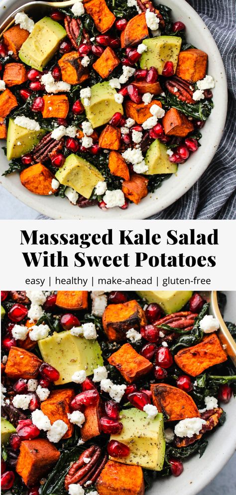 Massaged Kale Salad with Sweet Potatoes | Walder Wellness, Dietitian Pomegranate Goat Cheese, Sweet Potato Juice, Walder Wellness, Massaged Kale Salad, Winter Salad Recipes, Massaged Kale, Fresh Summer Salad, Vegan Holiday, Easy Healthy Lunches