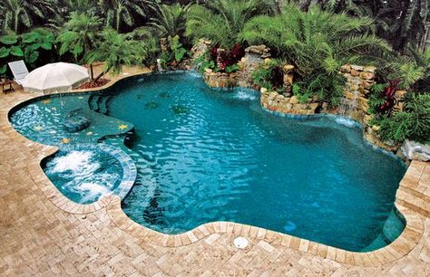 Free-Form Pools | Blue Haven Pools  Contact us at (561) 210-5606 or bluehaven@live.com Backyard Pool Deck Ideas, Pool Bottom Colors, Liner Pools Inground, Beach Style Patio, Nantucket Pool, Kid Backyard, Cascade House, Ideas De Piscina, Blue Haven Pools