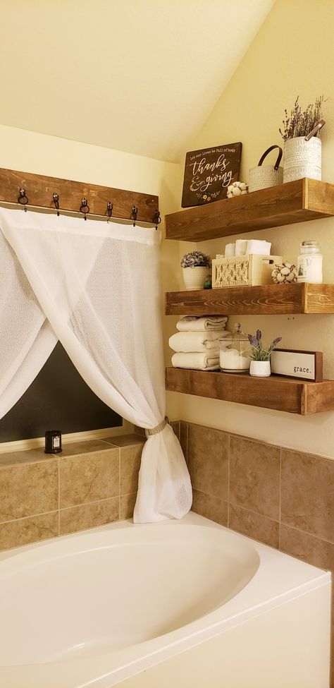 Shelf Around Bathtub, Shelves Above Tub Bathtubs, Bathtub Floating Shelves, Above Bathtub Shelves, Bathtub Nook Ideas, Shelves Above Tub, Shelves Over Bathtub, Bathtub Shelf Ideas, Shelves Above Bathtub