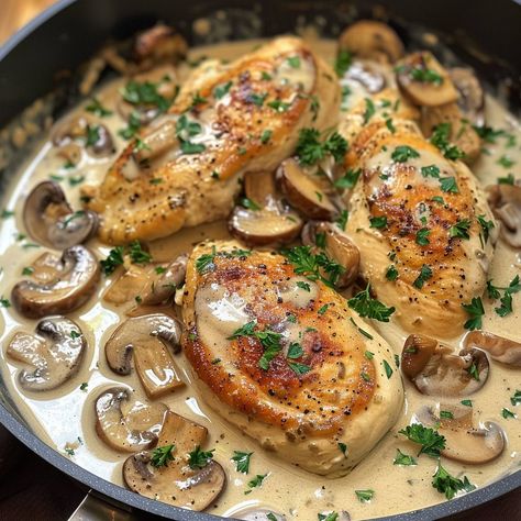 🍄🍗 Indulge in the luxurious flavors of Tender Chicken Breast in a Rich Garlic Mushroom Cream! #GarlicMushroomChicken #GourmetAtHome 🍽️ Tender Chicken Breast in a Rich Garlic Mushroom Cream 🛒 Ingredients: 4 chicken breasts (about 800 grams) 200 grams mushrooms, sliced 3 cloves garlic, minced 200 ml heavy cream 50 ml white wine 30 ml olive oil Salt and pepper to taste Fresh parsley, chopped for garnish 👩‍🍳 Instructions: Cook Chicken: In a skillet, heat oil over medium heat. Season chicken w... Chicken In A Skillet, Dinner Date At Home, Date At Home, Chicken With Mushrooms, Season Chicken, Chicken Mushroom, Twisted Recipes, Organic Snacks, Tender Chicken Breast