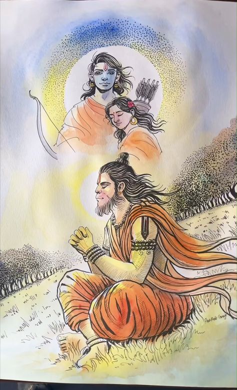 Indian God Illustration, Ram Hanuman Painting, Indian Sketches, Hanuman Painting, Hanuman Drawing, Watercolor Painting Easy, God Drawing, Ram Hanuman, Buddhist Art Drawing