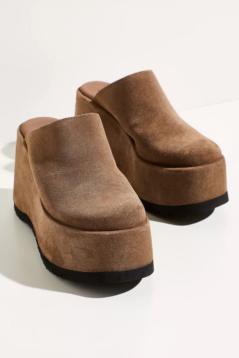 https://s7d5.scene7.com/is/image/FreePeople/58846718_023_b/?$a15-pdp-detail-shot$=&fit=constrain&fmt=webp&qlt=80&wid=1366 Free People Clogs, Wood Platform Sandals, Suede Style, Tie Up Heels, Closed Toe Heels, Platform Mules, Platform Wedge Heels, Suede Fashion, Closed Toe Shoes