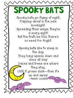 The Very Busy Classroom: Spooky Bats Poem Halloween Poems For Kids, Bat Poems, October Poem, Halloween Rhymes, Halloween Craft Activities, Halloween Poems, Circle Time Songs, October Ideas, October Activities