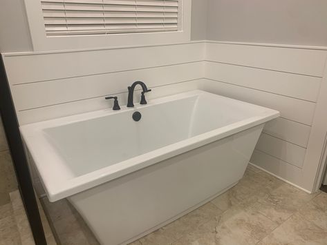 Shiplap Around Tub Master Bath, Shiplap Around Tub, Shiplap Around Bathtub, Shiplap Tub Surround, Shiplap In Bathroom, Tub Surround Ideas, Floating Tub, Pine Shiplap, Clawfoot Tub Bathroom