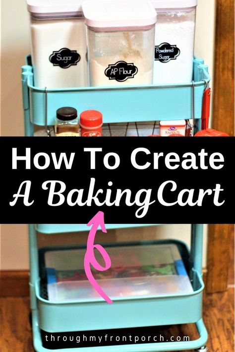 To save time when you are ready to bake, create a baking cart. Store all your baking supplies and wheel it to where you need it. Keep it organized with a rolling cart. A baking cart will add valuable storage to a small kitchen. Portable Pantry, Baking Cart, Baking Tools Organization, Diy Kitchen Cart, Baking Supplies Organization, Baking Organization, Raskog Cart, Baking Storage, Baking Basket