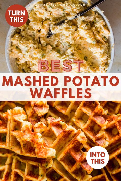 Mash Potato Waffles, Leftover Mashed Potato Recipes Waffle Iron, Mashed Potatoes In Waffle Maker, Potato Waffles Ideas, Mashed Potato Waffles Recipes, Steak And Waffles, Mash Potato Leftovers Ideas, Mashed Potato Waffles Leftover, Hashbrown Waffle Iron Recipes