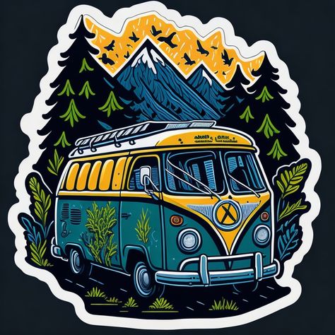 This sticker features a retro-style camping van set against a backdrop of majestic mountains. The van is shown in intricate detail, with its classic shape and unique features. The mountains in the background are depicted with a mix of cool blues and greens, creating a sense of serenity and adventure. Perfect for any outdoor enthusiast or traveler! Adventure Stickers Printable, Stickers Aesthetic Travel, Camp Stickers, Camping Stickers, Mountain Sketch, Cricut Iron On Vinyl, Typography Shirt Design, Forest Drawing, Camping Van