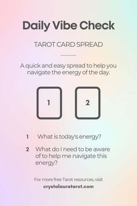 This is a 2 card Tarot Spread, ideal for beginners. It has two cards placed next to eachother horizontally. Card 1 = What is today's energy? Card 2 = What do I need to be aware of to help me navigate this energy? Tarot Cards Cleansing, Tarot Spreads For Self Reflection, Tarot Spreads Daily, Practice Tarot Spreads, Three Of Pentacles Tarot Meaning Reverse, Daily Tarot Spreads One Card, Tarot Deck Spreads, Tarot Card Learning, Tarot Daily Spread