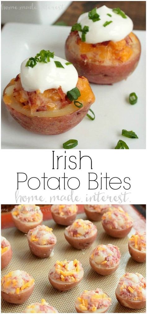 Mini Potato Skins, Irish Potato Bites, St Patrick's Day Appetizers, Superbowl Food Appetizers, St Patricks Food, St Patrick Day Snacks, Beef Appetizers, Irish Desserts, Potato Appetizers