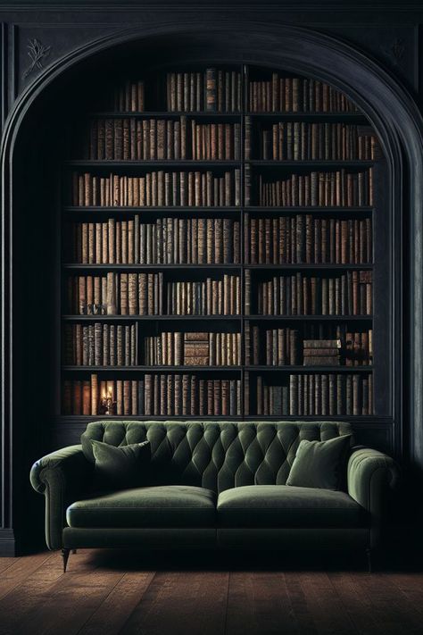 Dark Blue Wall Green Sofa, Dark Wall Library, Moody Library Wallpaper, Moody Dark Home, Dark Velvet Aesthetic, Goth Library Aesthetic, Vintage Library Aesthetic Room, Forest Green Library, Dark Academia Bookcase