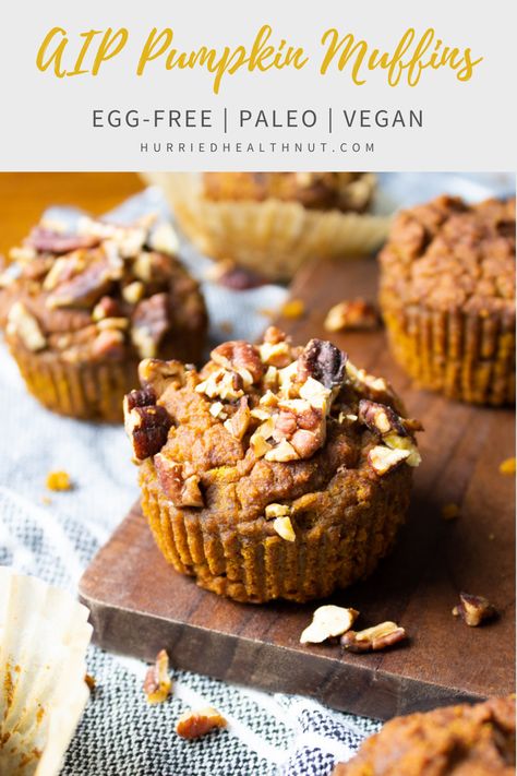 These fluffy AIP Pumpkin Muffins are a perfect paleo, vegan, and gluten-free fall treat. A simple, straightforward recipe anyone can make and anyone can eat - food intolerances or not. Enjoy them for breakfast or as a snack any time of day. #aipmuffins #aippumpkinmuffins #pumpkinmuffins #paleo #eggfree #vegan #nutfree Aip Pumpkin Muffins, Aip Muffins, Aip Fall Recipes, Paleo Banana Bread Muffins, Aip Pumpkin, Aip Baking, Pumpkin Banana Muffins, Aip Breakfast, Pumpkin Syrup