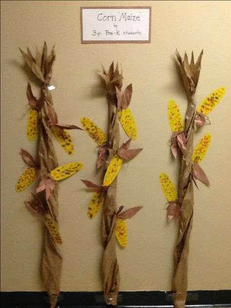 Preschool corn maize art project. Students used fingertips in ink pads for kernels. We did to have them cut out the cobs this time. Stalks is craft paper scrunched and rolled somewhat. Used black ink to rub against the edges to add a rustic touch. Paper Corn Stalks, Preschool Spring Crafts, Spring Crafts For Preschoolers, Spring Art For Kids, Harvest Activities, November Bulletin Boards, Spring Crafts Preschool, Preschool Patterns, Corn Maize