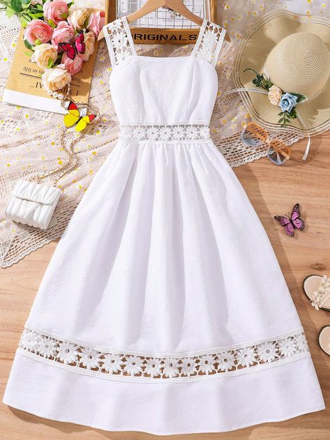 White Boho Collar Sleeveless Woven Fabric Plain A Line,Cami Embellished Non-Stretch  Teen Girls Clothing Simple Frocks, Baby Dress Patterns, Modest Dresses Casual, Teen Girl Dresses, Cute Dress Outfits, Unique Blouse Designs, Trendy Dress Outfits, Kids Designer Dresses, Baby Frocks Designs