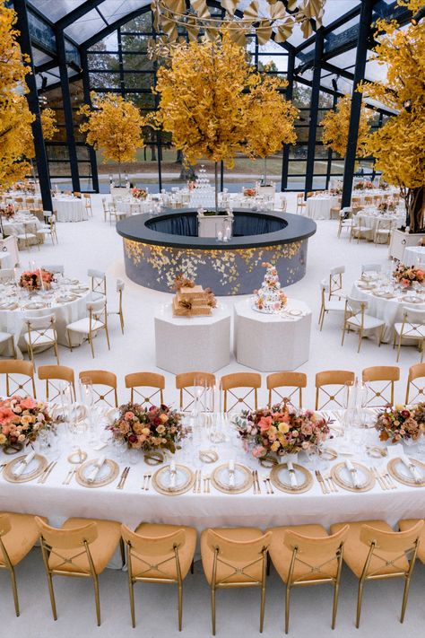 Wedding in Nashville designed by HMR Designs. Ginko Tree inspired, this reception was the epitome of Golden Hour. Tent Reception Ideas, Wedding Tent Reception, Easton Events, Contemporary Wedding Decor, Mindy Rice Design, Wedding Reception Layout, Reception Layout, Dream Wedding Reception, Dream Wedding Decorations