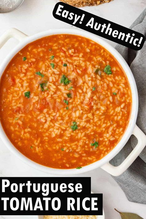 Portuguese tomato rice (also known as arroz de tomate) is a simple soul-soothing recipe made with basic ingredients. It's a "malandrinho" type of rice dish, somewhere between a risotto and a soup, and is very easy to make.  It's vegetarian (easily made vegan) and makes a great side dish or main course. Portuguese Tomato Rice Recipe, Tomatoes And Rice Recipe, Portuguese Tomato Rice, Rice And Tomato Recipe, Green Pasta Sauce, Vegan Rice Dishes, Silken Tofu Recipes, Spicy Vegetarian Recipes, Spicy Vegan Recipes