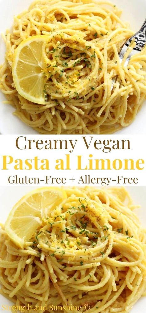 Vegan Pasta al Limone (Gluten-Free, Allergy-Free) | Strength and Sunshine | A classic Italian pasta dish with the creamiest lemon sauce! This Vegan Pasta al Limone recipe is gluten-free, dairy-free, allergy-free, and still so simple and easy to make! This authentic Southern Italian pasta sauce is cheesy, buttery, tangy, super creamy, and comes together in one pan for a quick and delicious meal ready in 10 minutes! Gluten Free Dairy Free Spaghetti, Vegan Gf Pasta Recipes, Vegan Lemon Pasta Sauce, Gluten Free Dairy Free Baked Ziti, Gluten Free Linguine Recipes, Dairy Free Lemon Chicken Pasta, Oil Based Pasta Recipe, Dairy Free Linguine Recipes, Gf Pasta Dishes