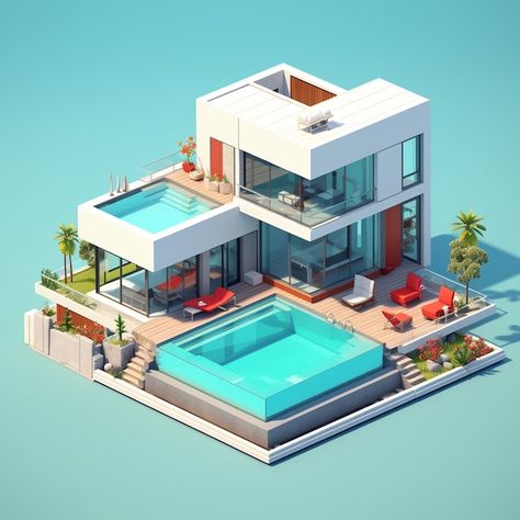 Kdp Ideas, Isometric House, Rendered Houses, 3d Things, Gold House, City Block, Isometric Art, 3d Stickers, 3d Artwork