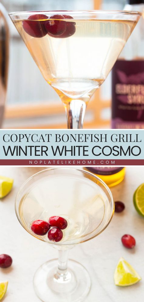 This Winter White Cosmo Bonefish Recipe Elderflower is a delicious homemade drink made with vodka, orange liqueur, Elderflower liqueur syrup, white cranberry juice, and lime juice garnished with cranberries. Pin this easy cocktail idea! Bonefish Winter White Cosmo, Bonefish Grill Winter White Cosmo Recipe, Christmas Elderflower Cocktail, Fig Vodka Cosmo, Bonefish White Cranberry Martini, Cocktails With White Cranberry Juice, Winter White Cosmo Bonefish, White Cranberry Juice Cocktail, Cocktails With Elderflower Syrup