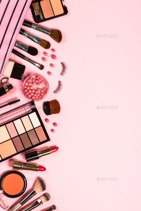 Makeup professional cosmetics on pink background. Top view with copy space. Makeup Related Wallpapers, Makeup Wallpaper Backgrounds Make Up, Pink Makeup Background, Makeup Background Wallpapers Beauty, Background Cosmetic Beauty, Cosmetic Background Wallpapers, Cosmetics Aesthetic Wallpaper, Beauty Wallpaper Makeup, Makeup Design Poster