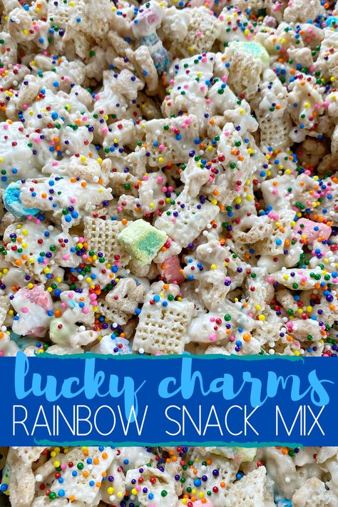 Lucky Charm Snacks, Rainbow Chex Mix Recipes, Rainbow Snacks Preschool, Lucky Charms Puppy Chow, Lucky Charms Dessert Ideas, Lucky Charms Ideas, Lucky Charms Trail Mix St Pattys, Lucky Charm Marshmallow Recipes, Lucky Charms Chex Mix White Chocolate