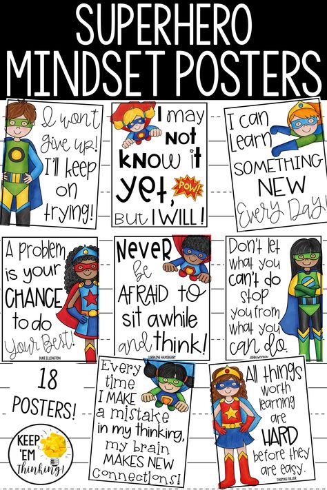 If you are teaching Growth Mindset to your students, these Superhero Growth Mindset posters are a must have.  These 18 posters focus on persistence and perseverance, grit, mistakes, taking chances, and learning.  There is also a black and white version each poster for kids to color! #growthmindset #superhero theme Superhero Bulletin Boards Hallways, Growth Mindset Door Decorations, Superhero Classroom Transformation, Super Hero Classroom Decorations, Even Superheroes Have Bad Days Activity, Super Hero School Ideas, Superhero Bulletin Board Ideas Classroom, Superhero Classroom Ideas, Superhero Quotes For Kids