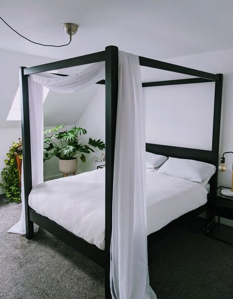 Black Post Bed Frame, Black Frame Canopy Bed, 4 Poster Bed Frame, Black Canopy Bed Boho, Canopy Queen Bed Ideas, 4 Poster Bed Drapes, Black Wood Canopy Bed, Modern Canopy Bed Metal, Bedroom Ideas 4 Poster Bed