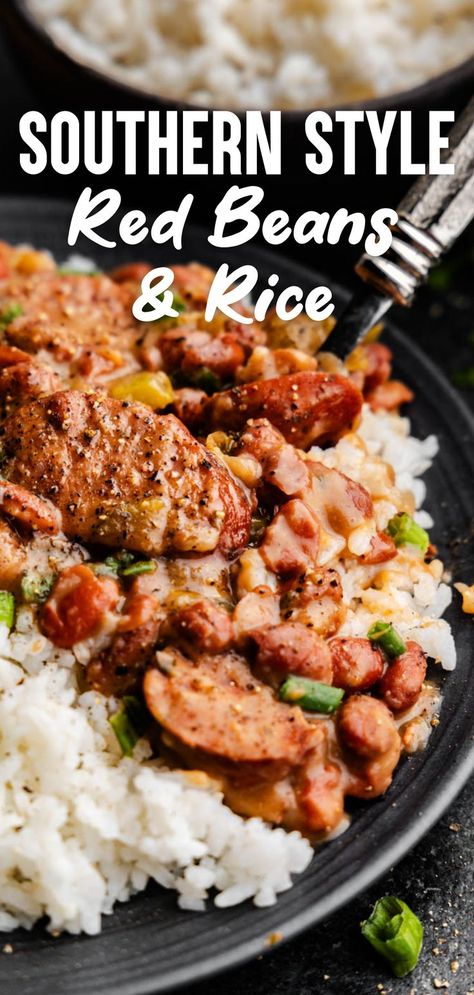 A close up of a black plate loaded with white rice that is topped with a chili-like mixture of beans and sausage, topped with chopped green onions. Red Beans And Sausage Recipe, Rice In The Crockpot, Recipe For Red Beans And Rice, Red Beans And Rice Recipe Crockpot, Red Bean And Rice Recipe, Red Beans Recipe, Rice With Beans, Red Beans And Rice Recipe, Recipes With Kidney Beans