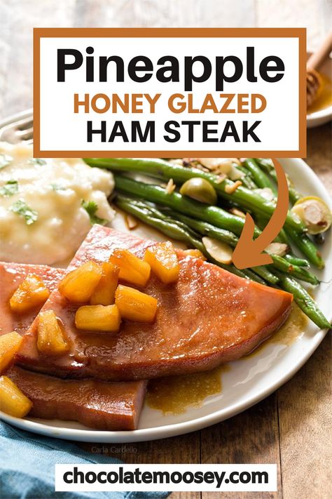 Pineapple Honey Glazed Ham Steak is an easy ham dinner for two that can be ready in under 30 minutes! Fry it on the stovetop or bake in the oven for Easter. The best part about cooking a ham steak dinner is it doesn’t take long to cook at all. You can have this ham steak recipe ready in 15 minutes.  And if that didn’t convince you enough, you fry ham slice on the stovetop, which frees up oven space for your side dishes. Ham Dinners For Two, Pineapple Ham Steak, Honey Glazed Ham Steak, Baked Ham Steaks With Pineapple, Ham Steak Sides, Ways To Cook Ham, Slow Cooker Ham Steak, Ham Steak In Crockpot, Ham Slice Recipes