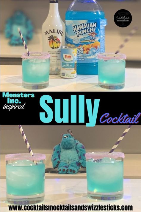 This image shows two teal color drinks with purple rims and a purple striped straw. Disney Mixed Drinks, Disney Themed Drinks, Disney Alcoholic Drinks, Fall Party Drinks, Sweet Drinks Recipes, Disney Movie Night Food, Disney Cocktails, Disney Movie Night Dinner, Movie Night Dinner