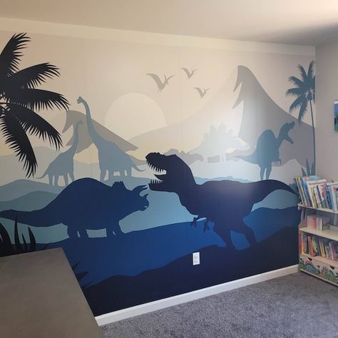 Dinosaur Wallpaper Boys Room Decor Wallpaper Jurassic World - Etsy Boys Bedroom Ideas Dinosaur Room Decor, Blue Dinosaur Room, Dino Room Kids Boys, Toddler Dinosaur Bedroom, Boys Dinosaur Bedroom Ideas, Boys Blue Bedroom Ideas, Jurassic World Bedroom, Dinosaur Bedroom Ideas, Dino Room Decor