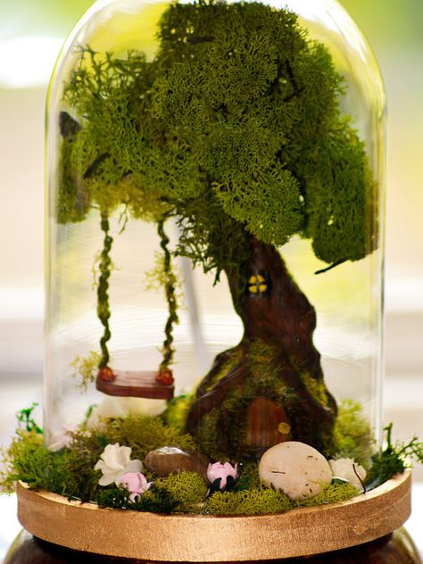 Fairy Garden, Terrarium, Dried moss Terrarium, Miniature garden, Fairy Tree, Fairy swing, Bell Jar, Glass dome Terrarium, Home decor, Terrarium Kit.  beautiful fairy garden terrarium kit. Its made with real dried moss. The kit comes with glass dome, wood base, real dried moss, fairy tree with swing and stones.  Domed Glass Cloche Top Height 20.5cm, Diameter 12.5cm  ◆ Our Specialties ◆ Wedding Gifts ◆ Wedding Anniversary Gifts ◆ Anniversary Gifts ◆ Engagement Gifts ◆ Housewarming Gifts ◆ Gift ... Fairy Garden Table, Dome Terrarium, Moss Fairy, Fairy Terrarium, Craft Trends, Terrarium Kit, Tree Fairy, Rustic Table Lamps, Beautiful Fairy