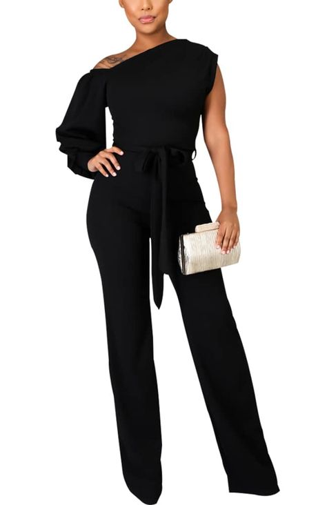 PRICES MAY VARY. Polyster and Spandex,Soft Stretch Breathable and Skin-friendly Warm Fabric,make you feel soft and stretchy,breathable,skin-friendly and comfortable. One piece outfits for women,Casual style,Lightweight,Loose fit,Solid color,One Shoulder Long Sleeve,With Belt. Casual Formal Jumpsuit,Perfect for cocktail party,club,wedding,Jogging,Vacation,Home,Dating Or Casual Daily Wear Etc.suitable for summer and fall. Machine and Hand Wash are both available,Please check size Information provi 50th Birthday Outfits For Women Guest, Holiday Pant Suits For Women, Black Pants Wedding Outfit Guest, Black Attire Outfit Women, Semi Formal Black Outfits For Women, Retirement Party Outfits, Casual Rehearsal Dinner Outfit Guest, All Black Outfit For Women Classy, Highschool Reunion Outfit