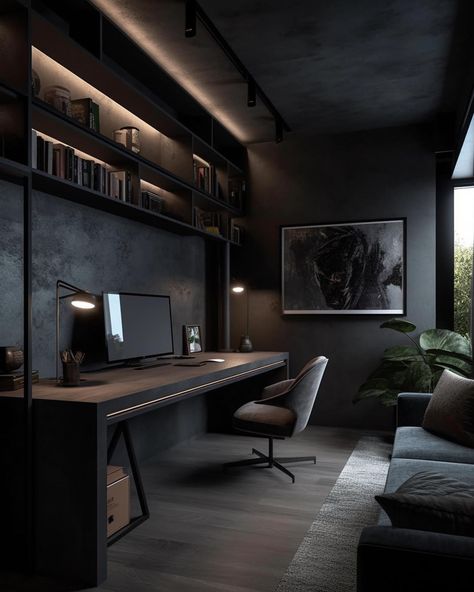 Dark And Moody Office Modern, Modern Mens Home Office, Home Battlestation, Dark Luxury Home Interior, Home Interior Design Industrial, Small Black Office Ideas, Industrial Black Bedroom, Modern Office For Men, Study Gaming Room