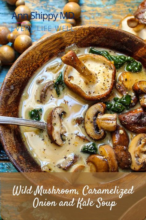 This paleo mushroom onion and kale soup is nutritious and delicious comfort food. Packed with flavor and antioxidants, one bowl makes a perfectly balanced and filling meal. Warm soup is a perfect meal as temperatures turn cooler. Gluten-free, dairy-free, Paleo and keto friendly, this is sure to be a crowd pleaser. I recommend making extra and freezing for later. Beans And Mushroom Soup, Whole30 Mushroom Soup, Kale Mushroom Onion Recipe, Mushroom Broth Soup Recipes, Soup For Allergies, Mushroom Fennel Soup, Mushroom Veggie Soup, Mushroom And Onion Soup Recipes, Shitake Mushroom Soup Healthy