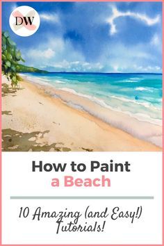 How To Paint A Beach Sunset Step By Step, How To Paint Watercolor Beach Scene, Easy Acrylic Seascape Painting, Beach Watercolors Easy, Beach Tutorial Painting, Beach Landscape Painting Watercolors, How To Paint Beach Scene Easy Step By Step, Easy Beach Scenes To Paint, Beach Scene Painted Rocks