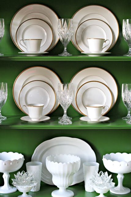 Green China Cabinet, China Cabinet Decor, China Hutch Decor, China Cabinet Redo, Dish Display, Hutch Decor, Green China, Dining Room Hutch, China Cabinet Display