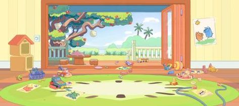 Bluey Cartoon House Inside, Bluey Bingo House, Bluey Inspired Playroom, Bluey House Floor Plan, Blueys Room, Bluey Backyard Background, Bluey Background Art, Bluey's House, Bluey Backgrounds