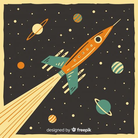 Space Rocket Illustration, Retro Spaceship, Rocket Illustration, Vintage Space Art, Spaceship Illustration, Rocket Art, Animation Classes, Space Animation, Modern Physics