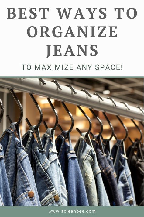 Transform your messy jeans collection into a well-organized showcase! Our expert tips and tricks will guide you on how to organize jeans, maximizing space and making it a breeze to find your favorite pair. Head over to the blog post for the complete guide! Hanging Jeans In Closet Ideas, Hangers For Jeans, Jean Hangers Closet Organization, Pant Closet Organization, Hanging Jeans In Closet With Shower Hooks, Display Jeans Ideas, How To Display Jeans In A Boutique, Hanging Jeans With Shower Hooks, Jean Holder Closet