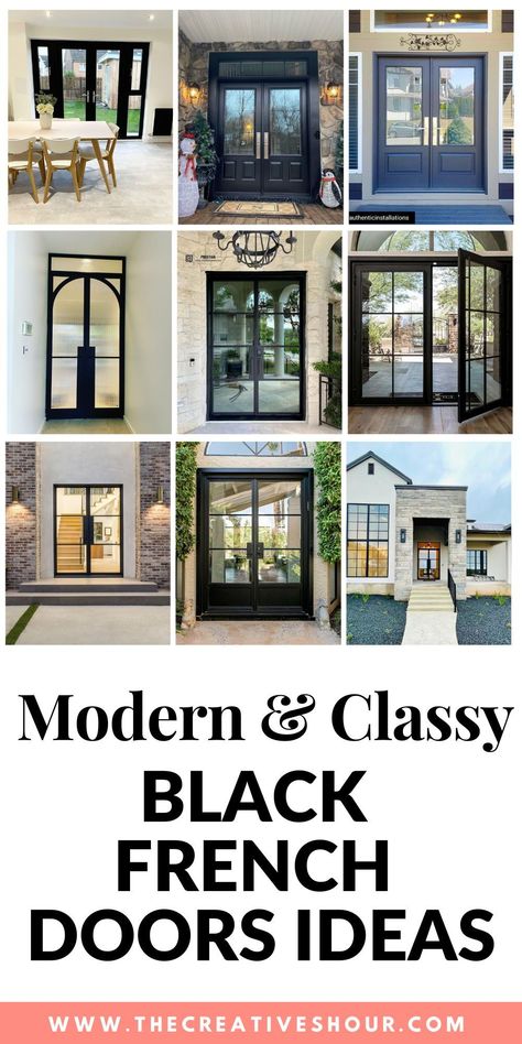 Upgrade your space with the sophistication of Black French Doors. Explore design ideas, from classic to modern, to add a touch of timeless elegance to your interior or exterior. White French Doors Patio, Back Patio French Doors, Iron French Doors Patio, Black Grid French Doors, French Doors And Windows, French Door Ideas Exterior, Black French Front Doors, Black Exterior French Doors, Modern French Doors Exterior Patio